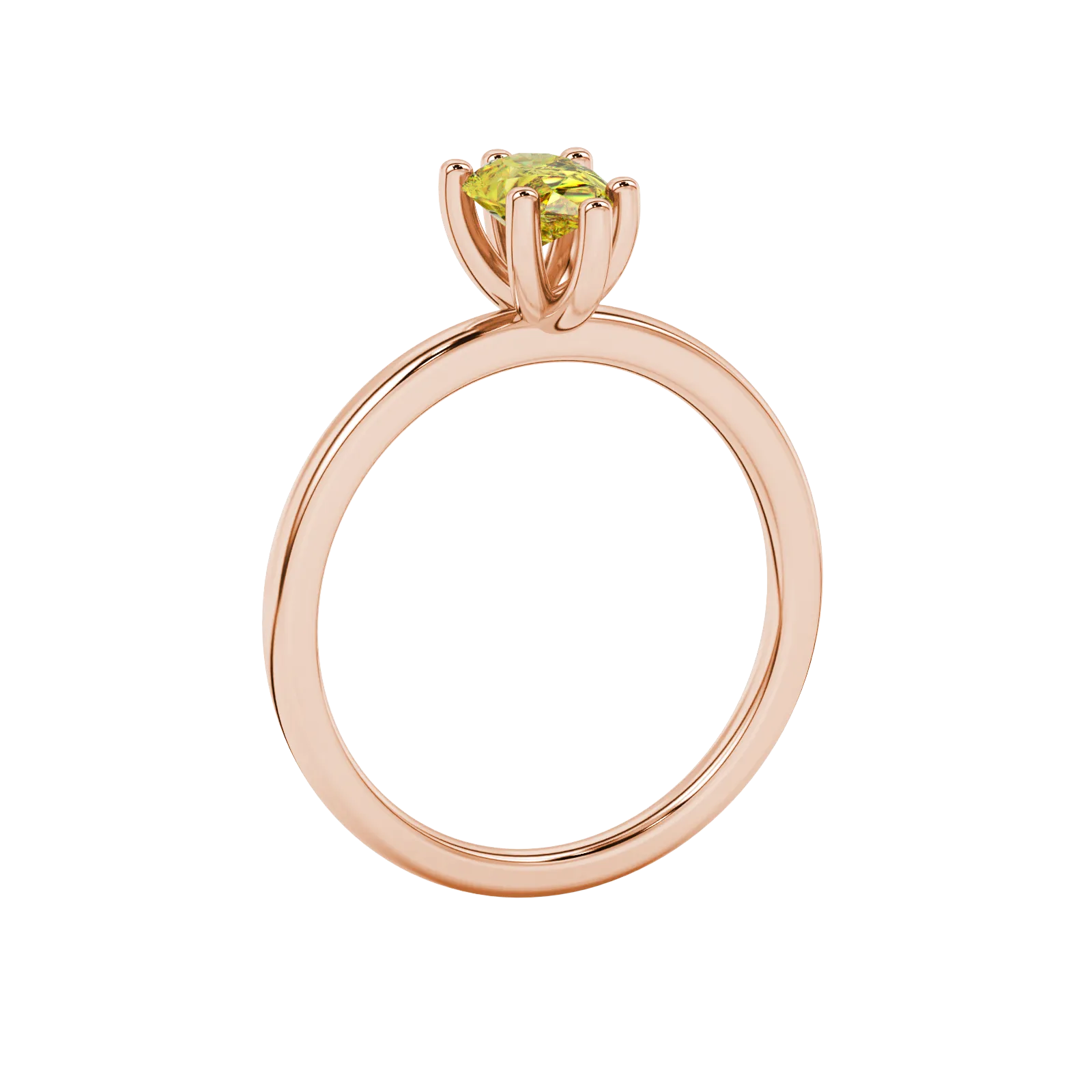 Side profile, rose gold canary yellow ring, six-prong gallery.