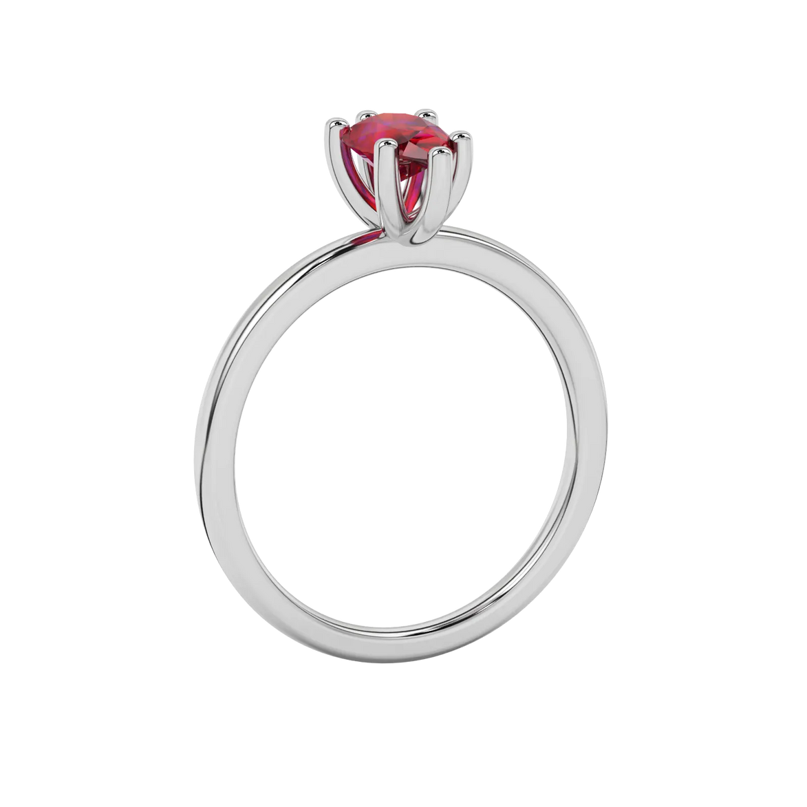 Side profile, white gold raspberry red ring, six-prong gallery.