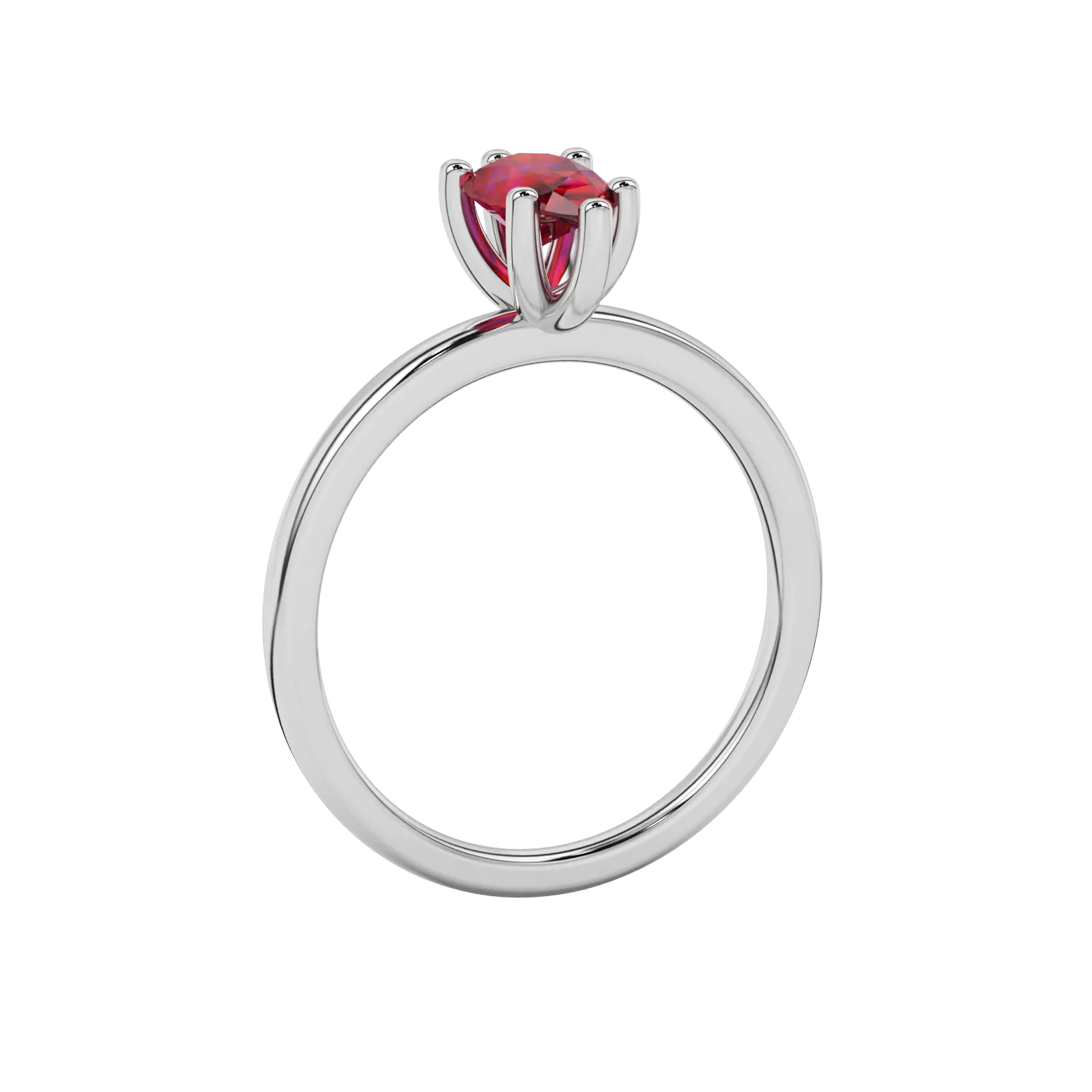 Side profile, white gold raspberry red ring, six-prong gallery.