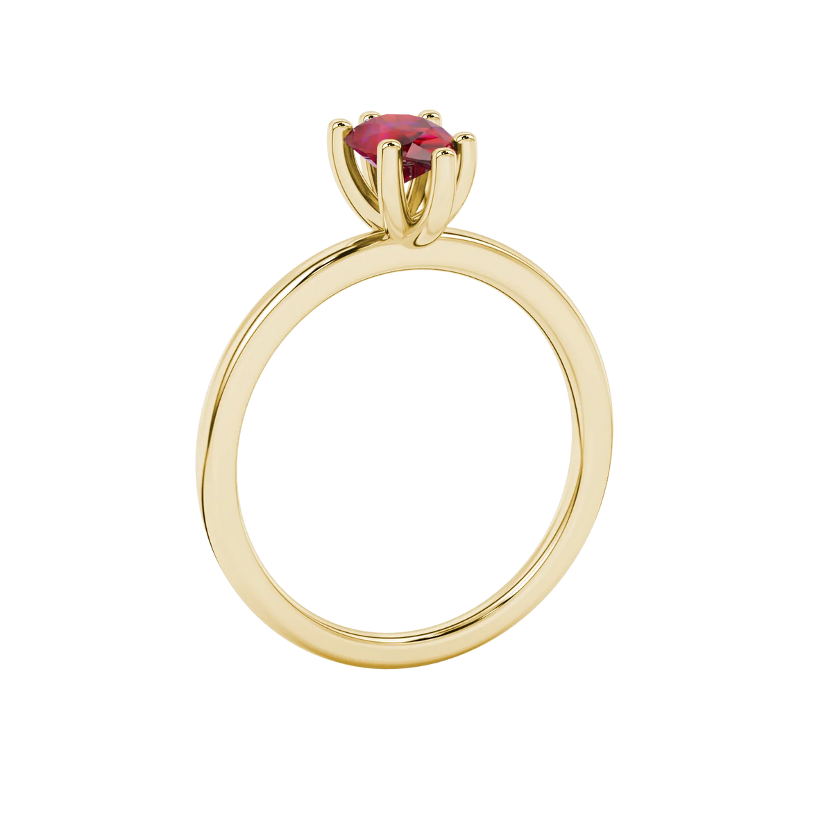 Side profile, yellow gold raspberry red ring, six-prong gallery.