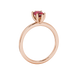 Side profile, rose gold raspberry red ring, six-prong gallery.