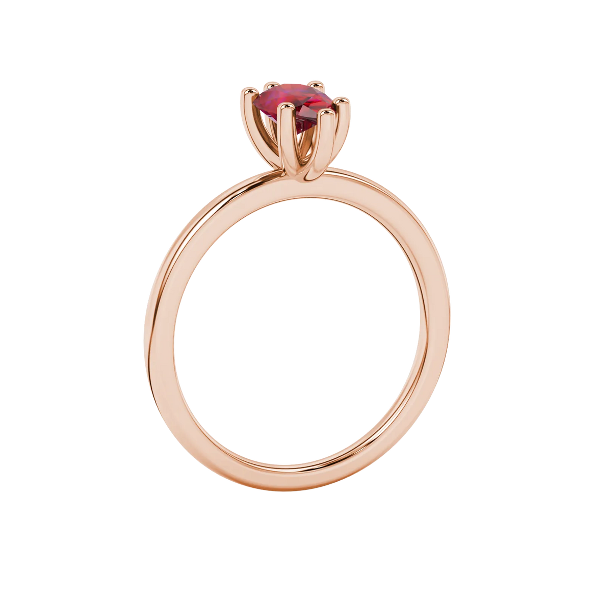 Side profile, rose gold raspberry red ring, six-prong gallery.