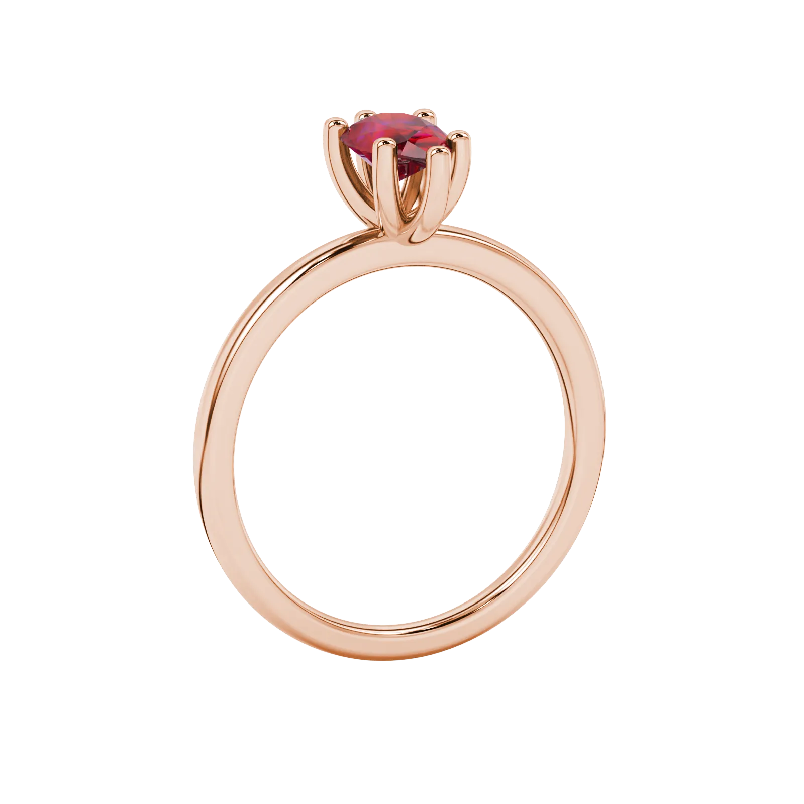 Side profile, rose gold raspberry red ring, six-prong gallery.