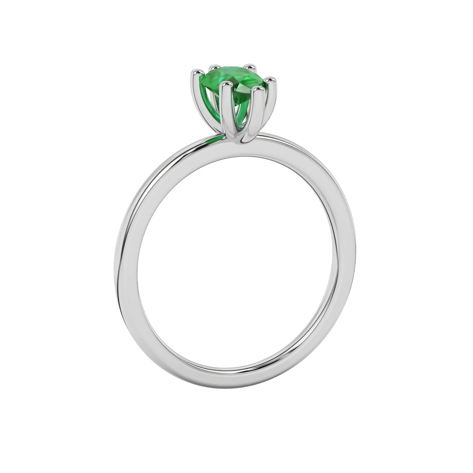 Side profile, white gold emerald green ring, six-prong gallery.
