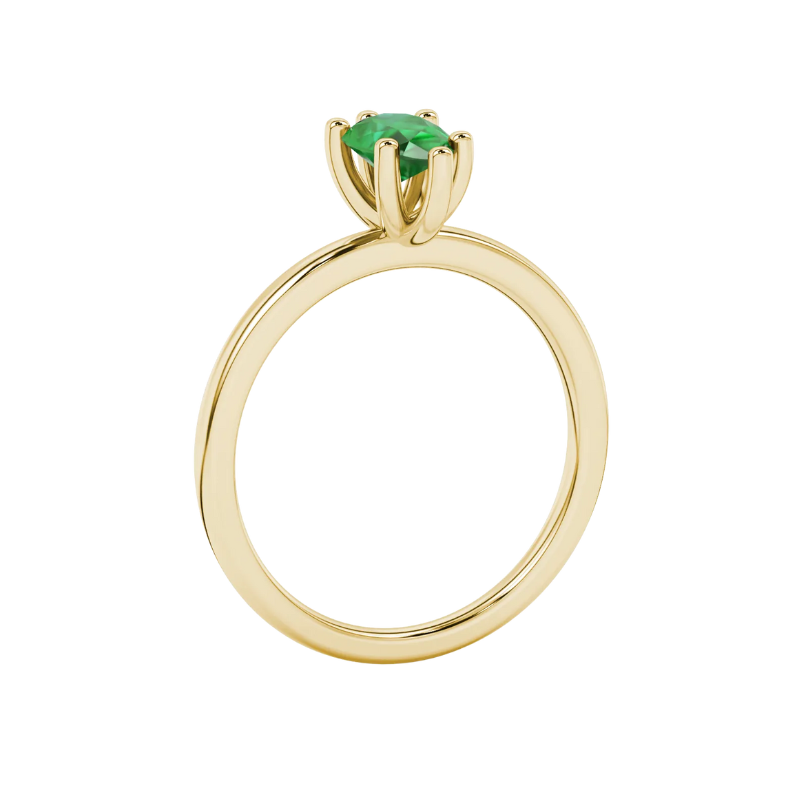 Side profile, yellow gold emerald green ring, six-prong gallery.