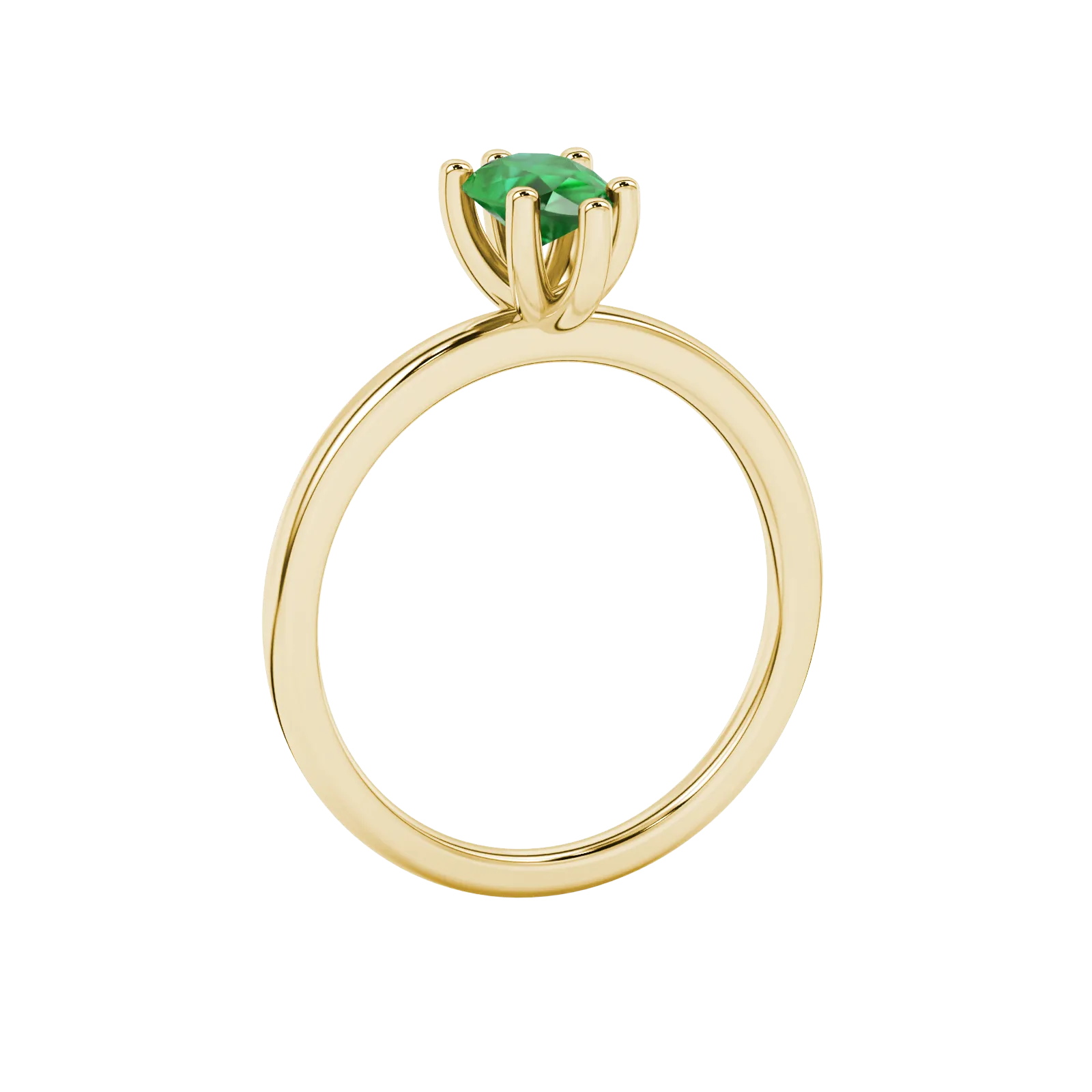Side profile, yellow gold emerald green ring, six-prong gallery.