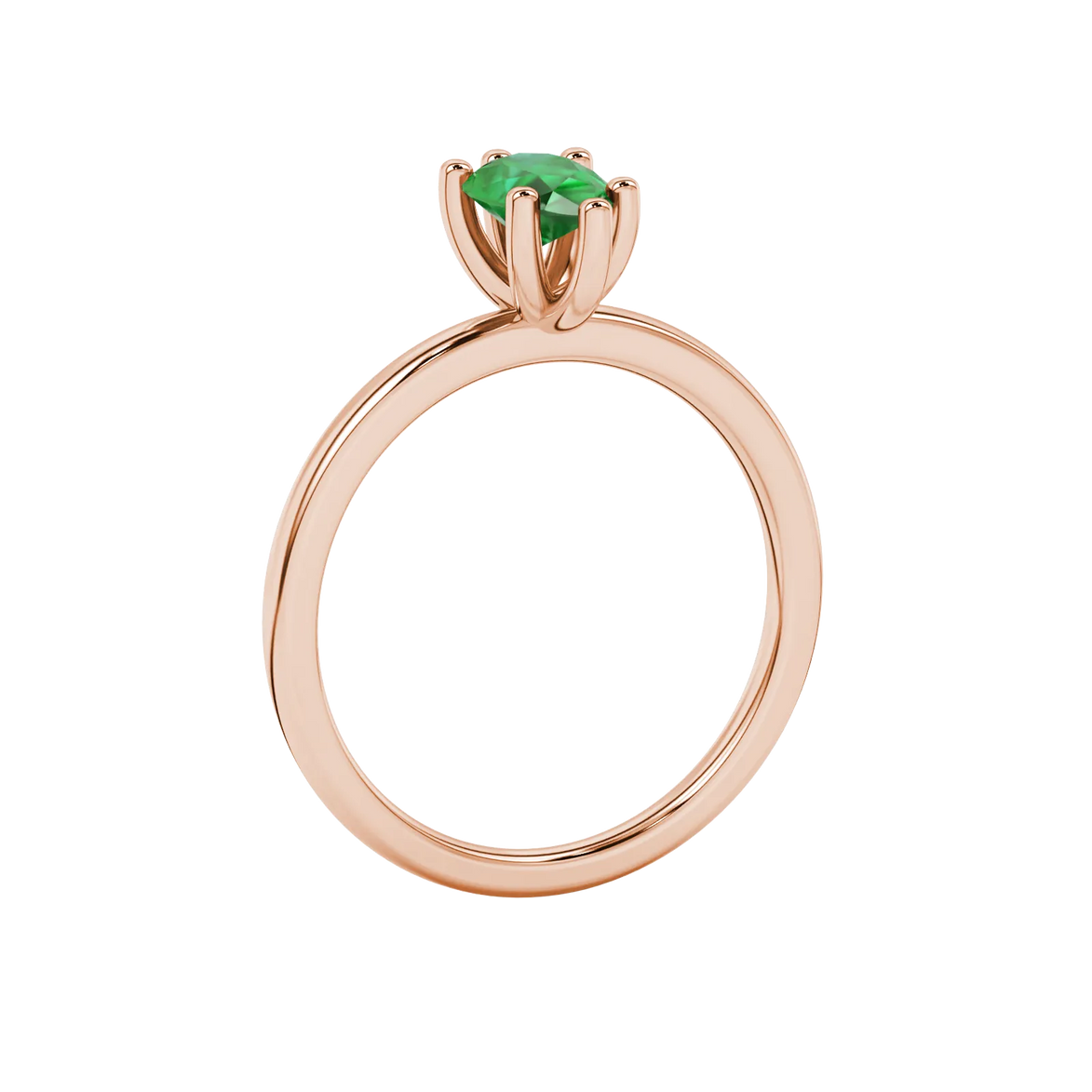 Side profile, rose gold emerald green ring, six-prong gallery.