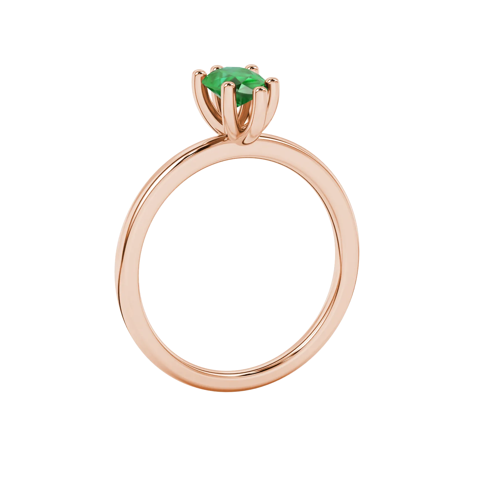 Side profile, rose gold emerald green ring, six-prong gallery.