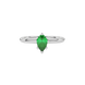 Close-up emerald green gemstone ring, white gold six-prong setting.