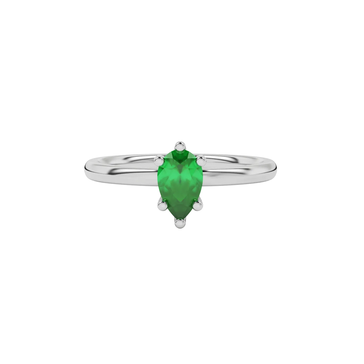 Close-up emerald green gemstone ring, white gold six-prong setting.