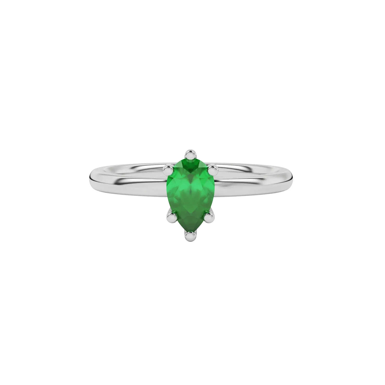 Close-up emerald green gemstone ring, white gold six-prong setting.
