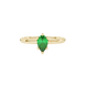 Close-up, pear shape emerald green gemstone, yellow gold six-prong ring.