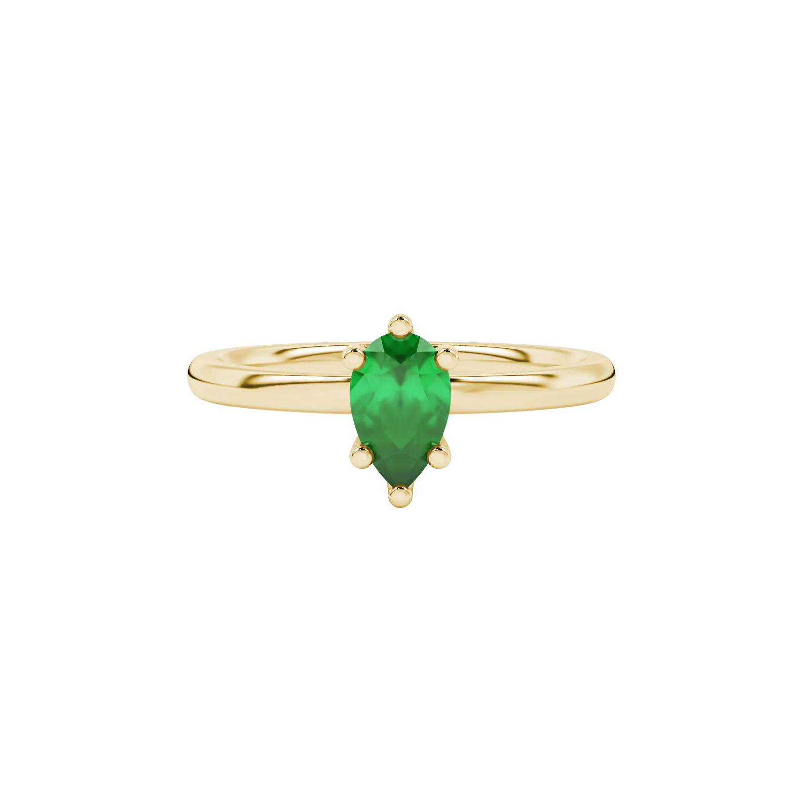 Close-up, pear shape emerald green gemstone, yellow gold six-prong ring.