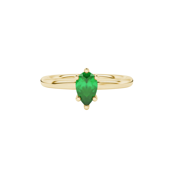 Close-up, pear shape emerald green gemstone, yellow gold six-prong ring.