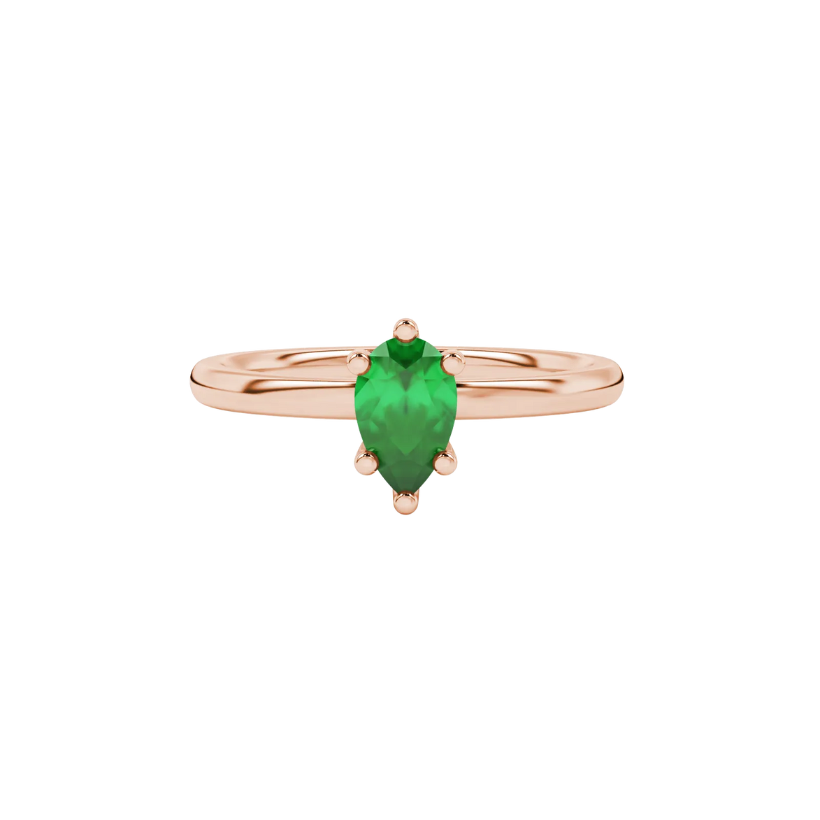Close-up, pear shape emerald green gemstone ring, rose gold six-prong setting
