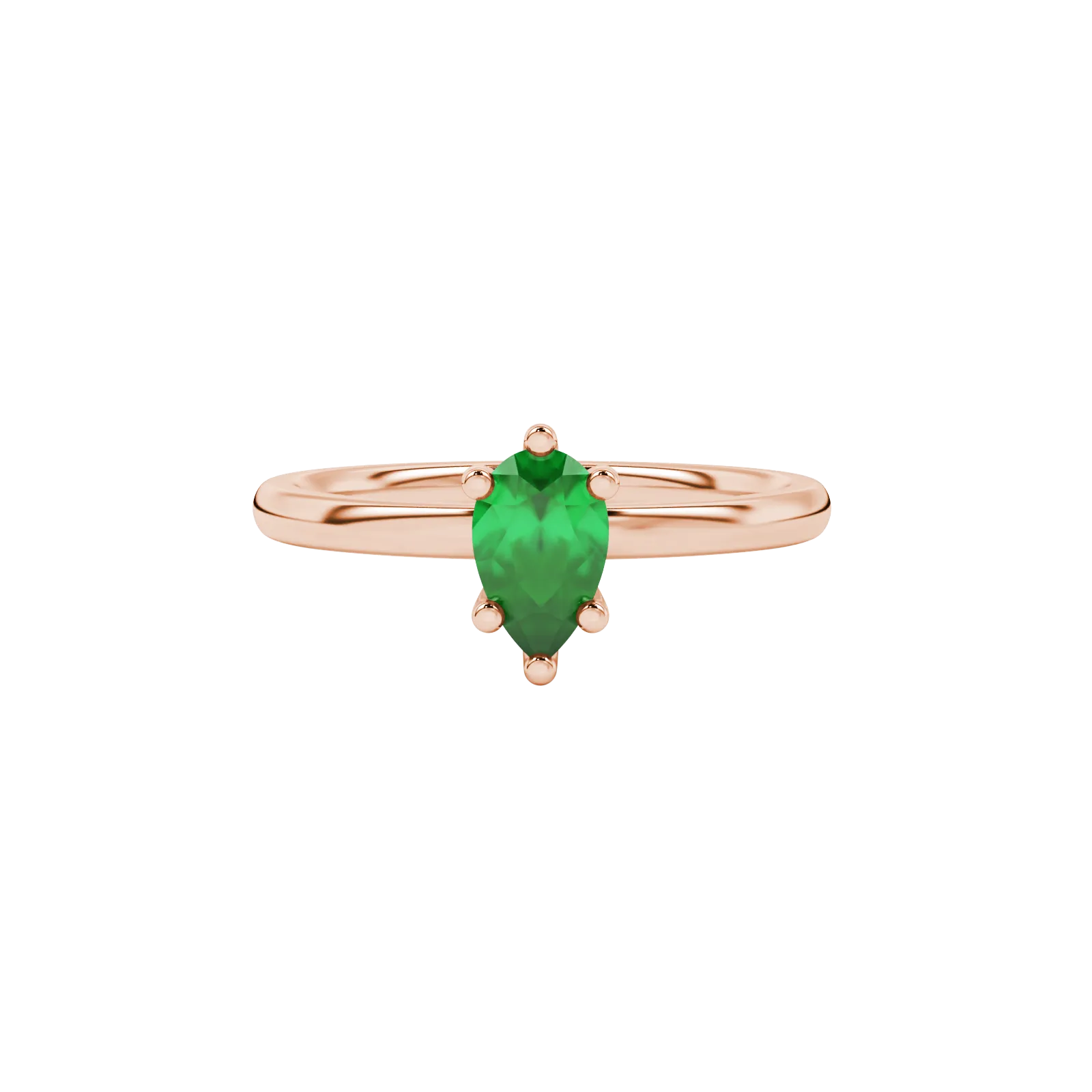 Close-up, pear shape emerald green gemstone ring, rose gold six-prong setting