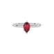 Close-up raspberry red gemstone ring, white gold six-prong setting.
