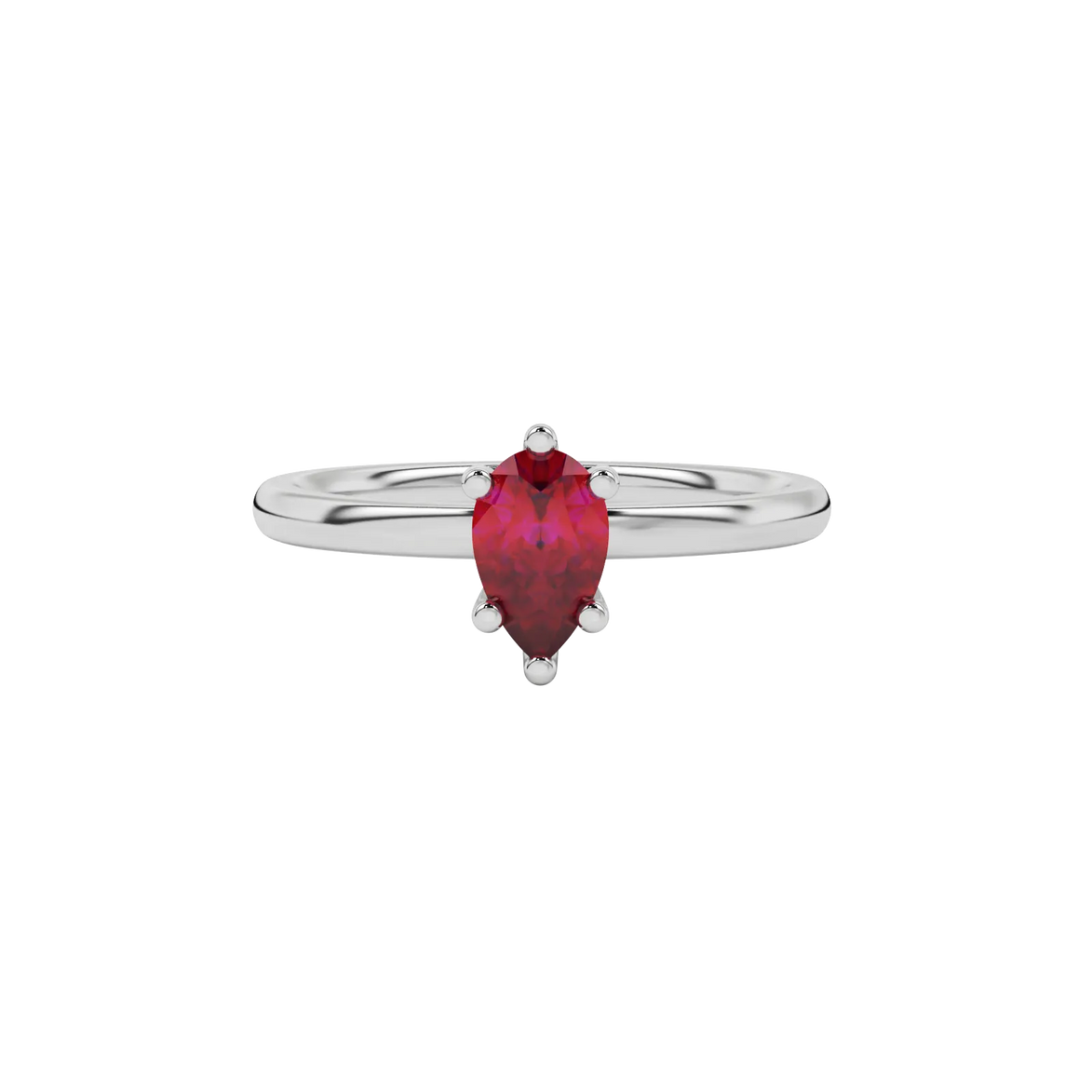Close-up raspberry red gemstone ring, white gold six-prong setting.