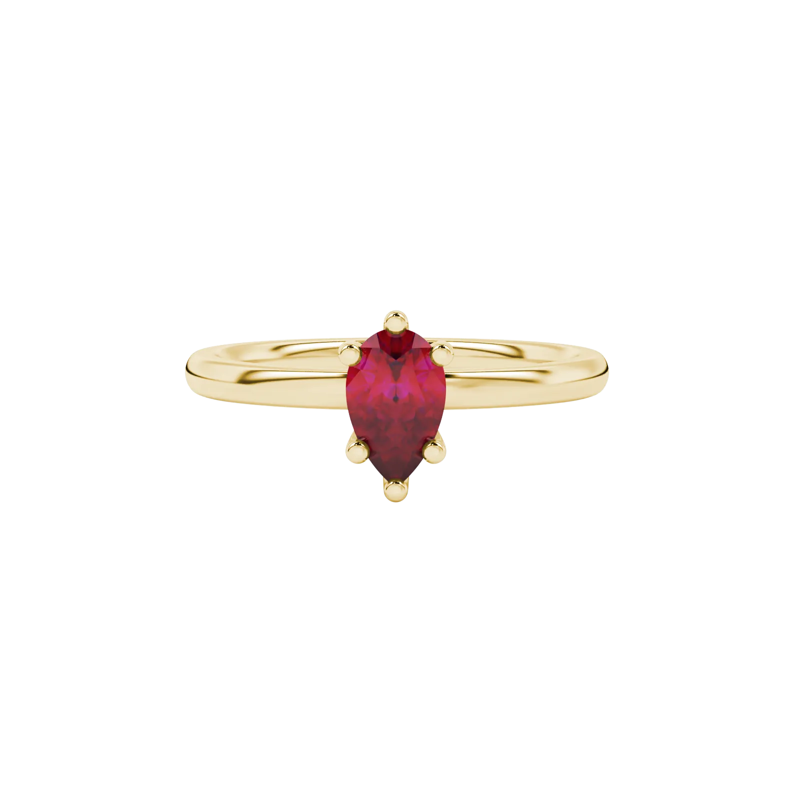 Close-up, pear shape raspberry red gemstone, yellow gold six-prong ring.