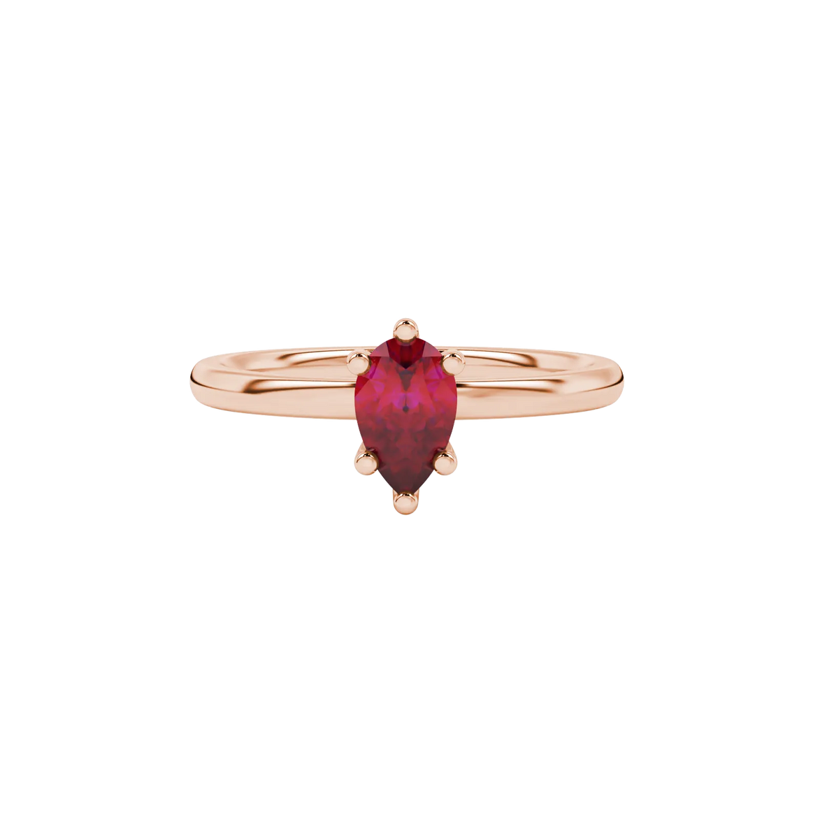 Close-up, pear shape raspberry red gemstone ring, rose gold six-prong setting.