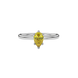Close-up canary yellow gemstone ring, white gold six-prong setting.