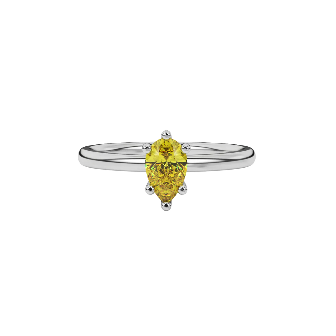 Close-up canary yellow gemstone ring, white gold six-prong setting.