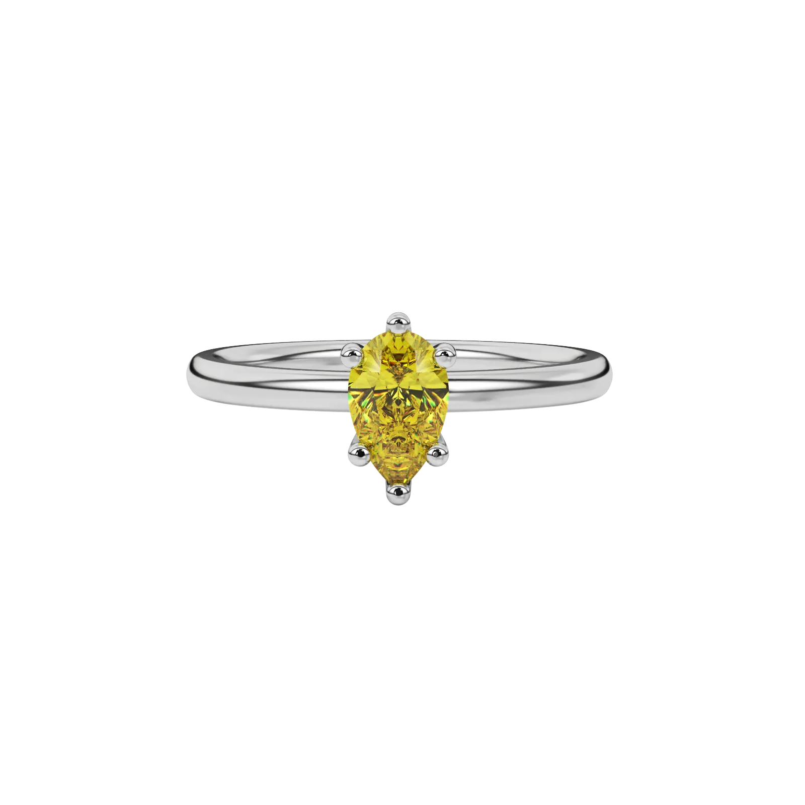 Close-up canary yellow gemstone ring, white gold six-prong setting.