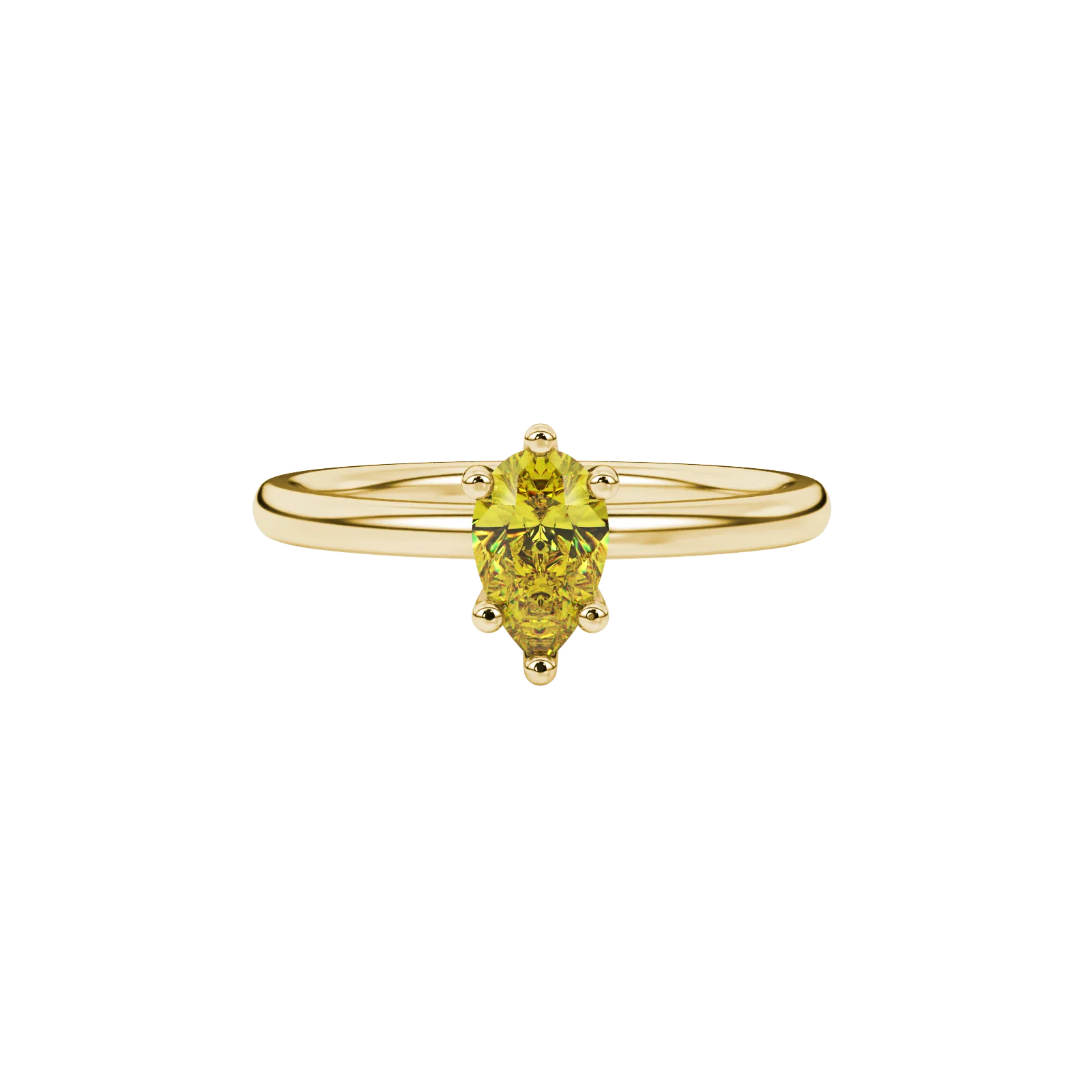 Close-up, pear shape canary yellow gemstone, yellow gold six-prong ring.