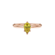 Close-up, pear shape canary yellow gemstone ring, rose gold six-prong setting.