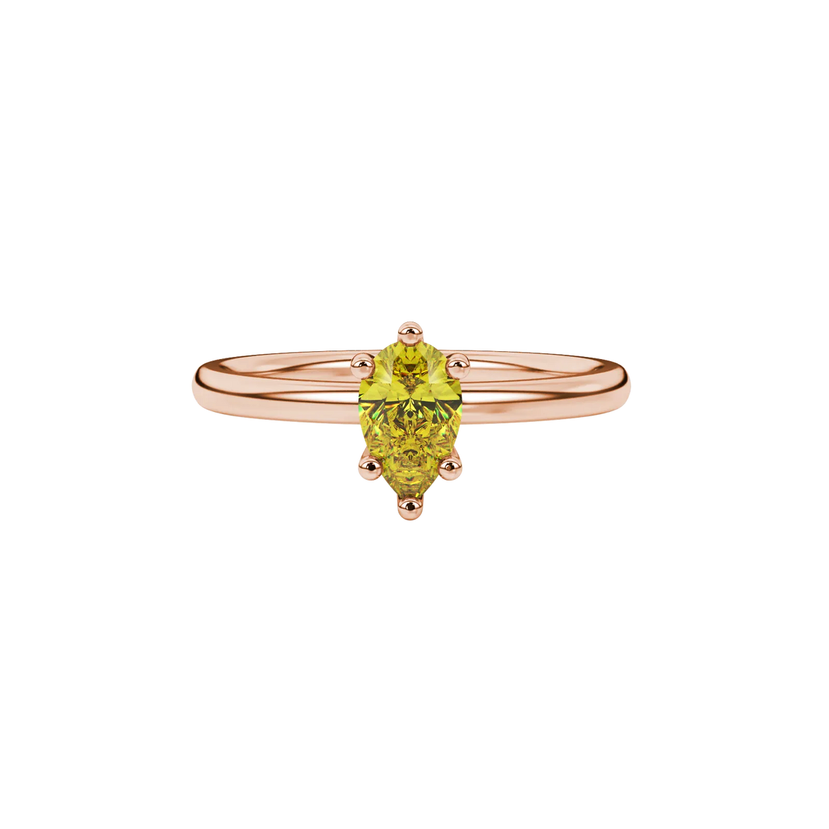 Close-up, pear shape canary yellow gemstone ring, rose gold six-prong setting.