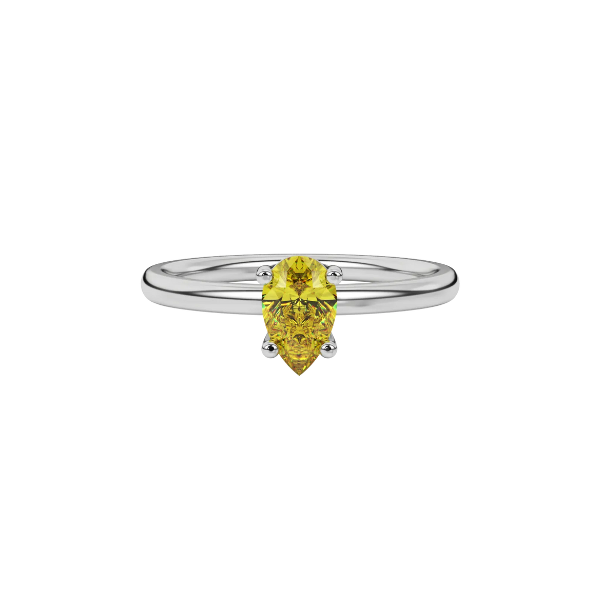 Close-up canary yellow gemstone ring, white gold classic basket.
