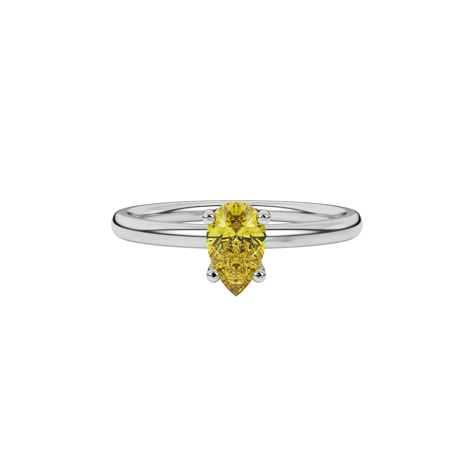 Close-up canary yellow gemstone ring, white gold classic basket.