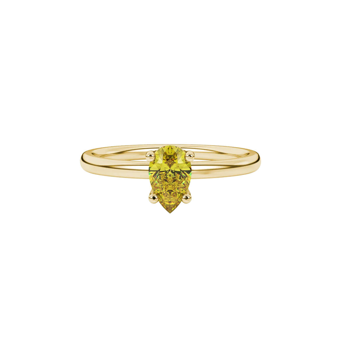 Close-up, pear shape canary yellow gemstone, yellow gold classic basket ring.