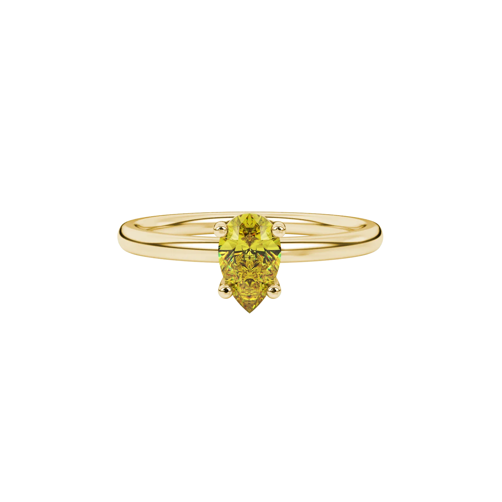 Close-up, pear shape canary yellow gemstone, yellow gold classic basket ring.