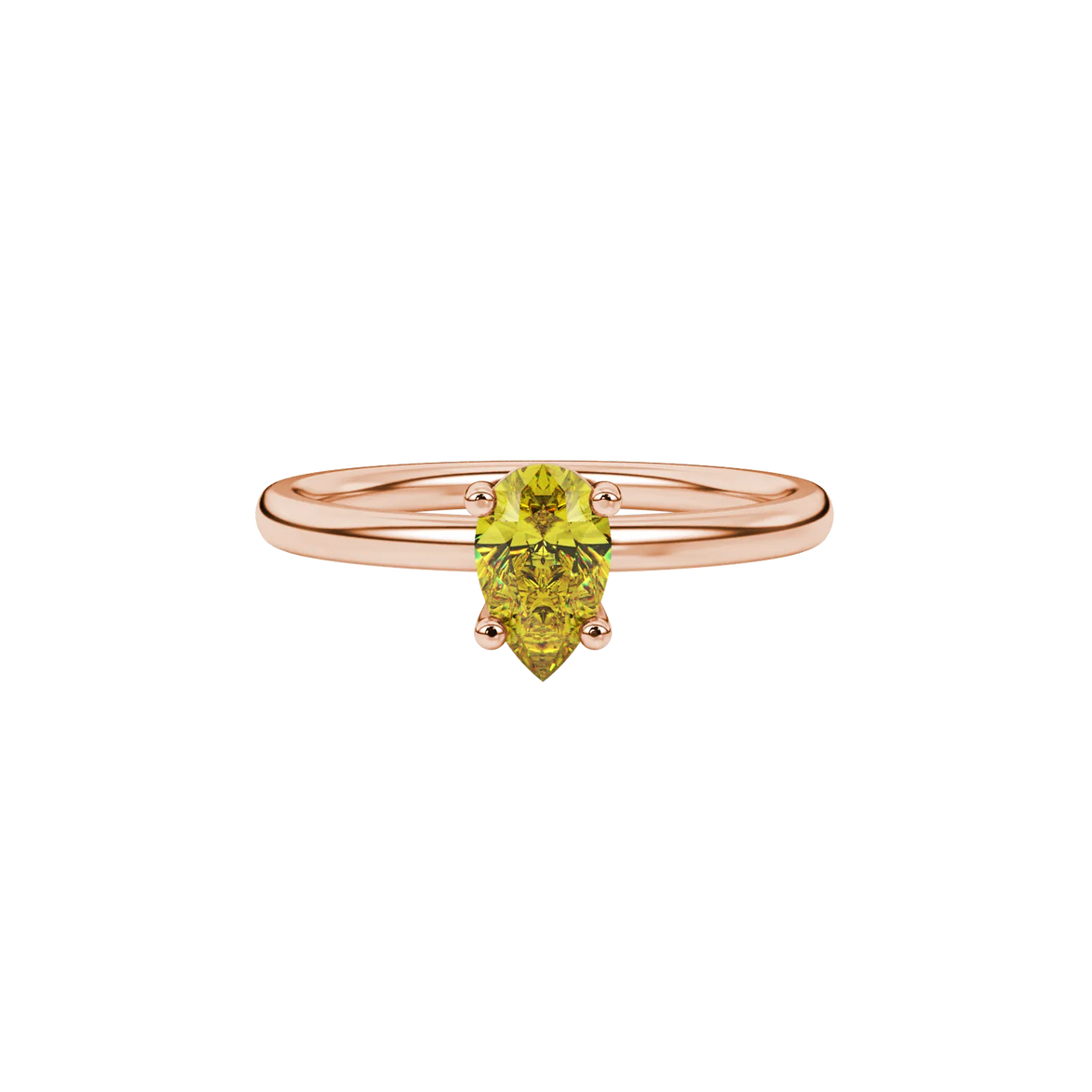 Close-up, pear shape canary yellow gemstone ring, rose gold classic basket.