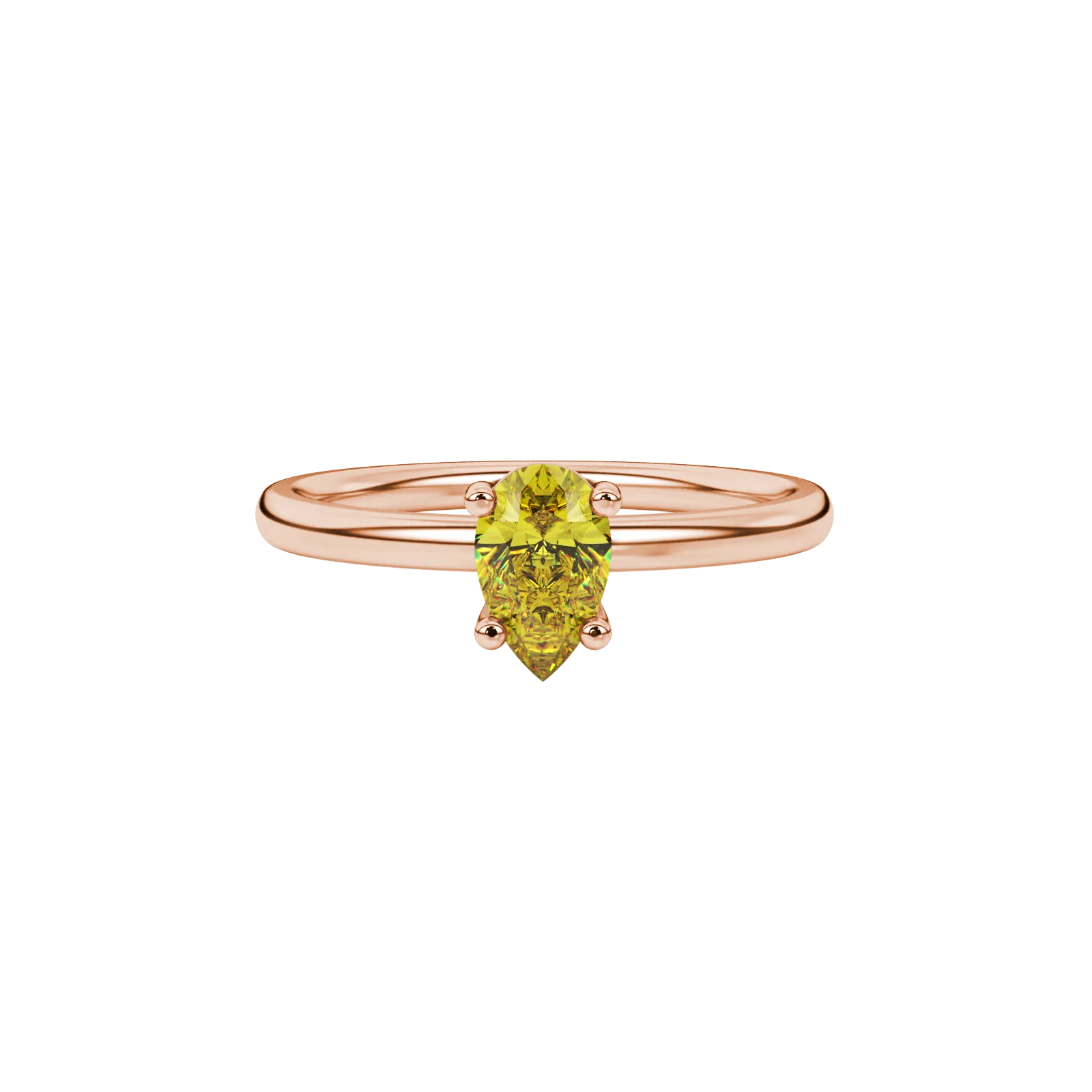 Close-up, pear shape canary yellow gemstone ring, rose gold classic basket.