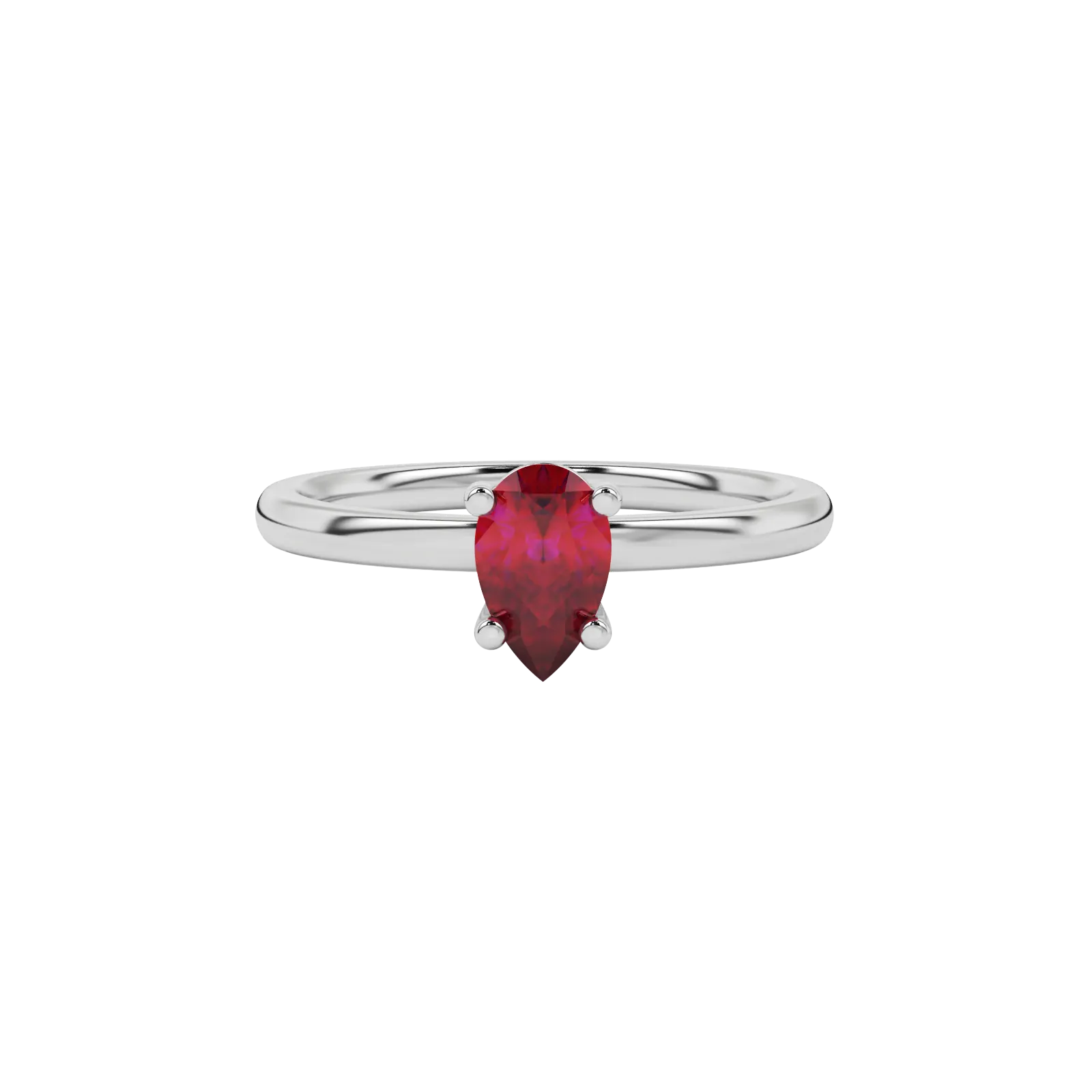Close-up raspberry red gemstone ring, white gold classic basket.