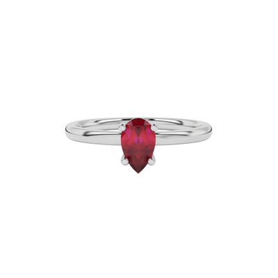 Close-up raspberry red gemstone ring, white gold classic basket.