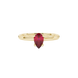 Close-up, pear shape raspberry red gemstone, yellow gold classic basket ring.