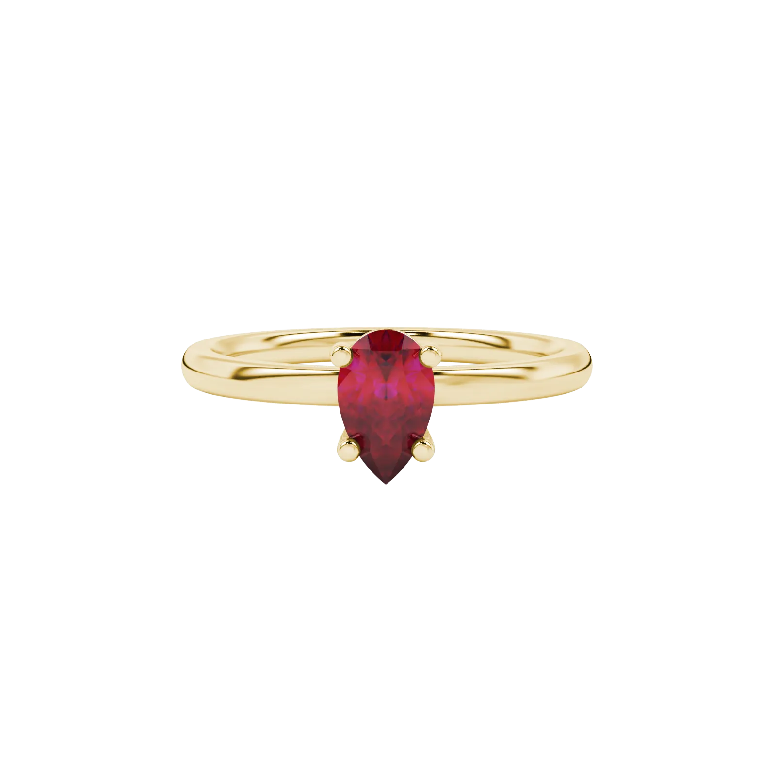 Close-up, pear shape raspberry red gemstone, yellow gold classic basket ring.