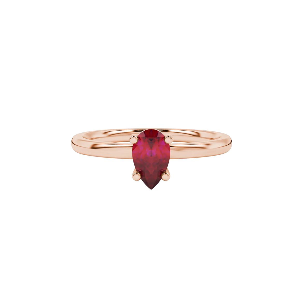 Close-up, pear shape raspberry red gemstone ring, rose gold classic basket.
