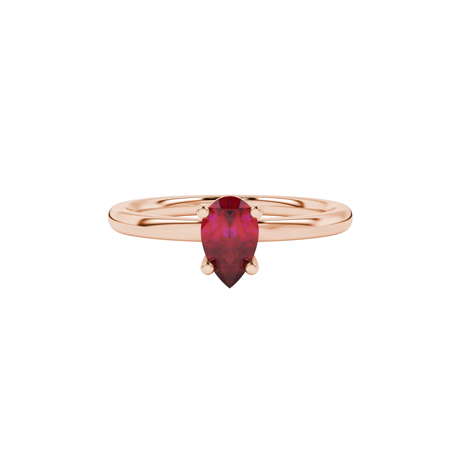 Close-up, pear shape raspberry red gemstone ring, rose gold classic basket.