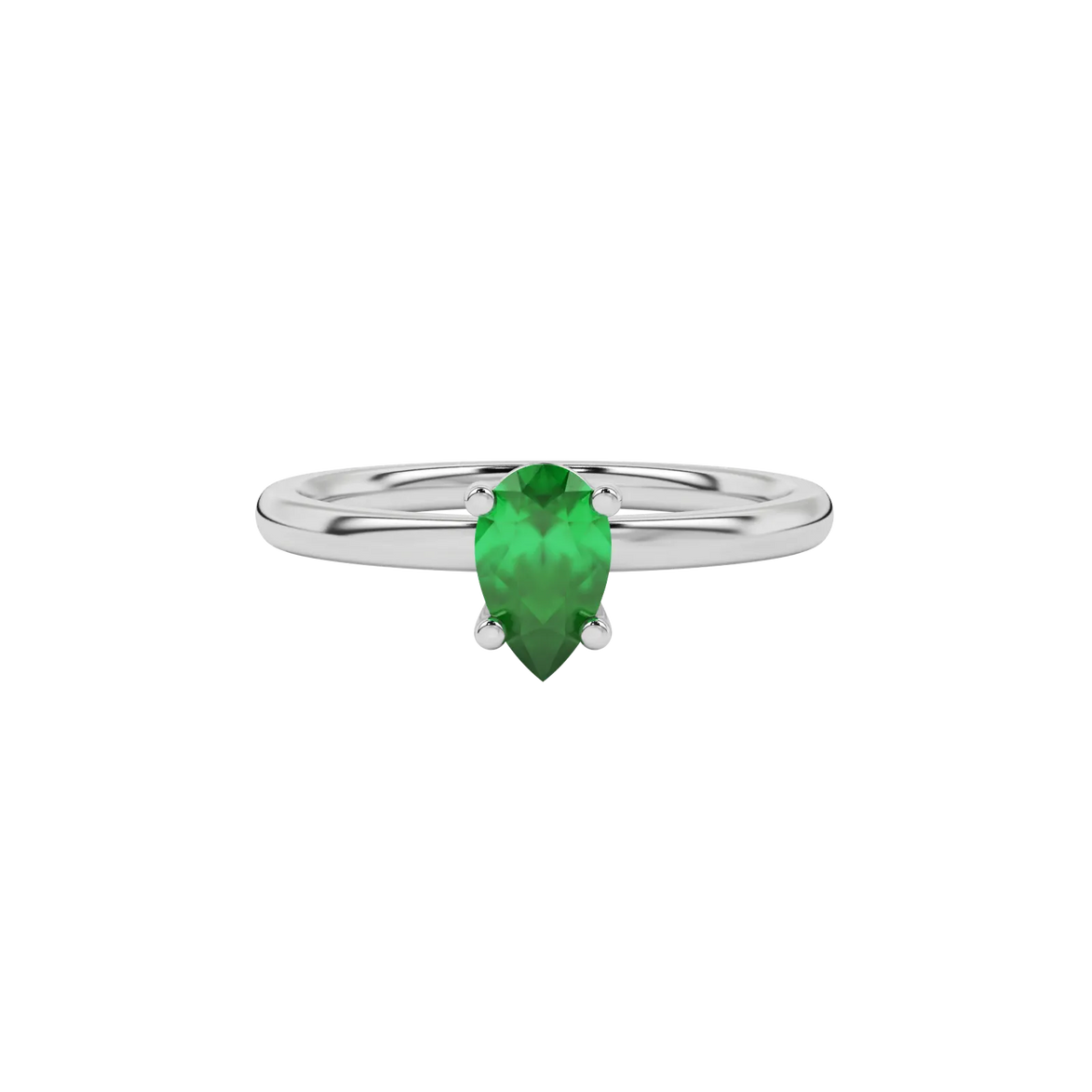 Close-up emerald green gemstone ring , white gold classic basket.