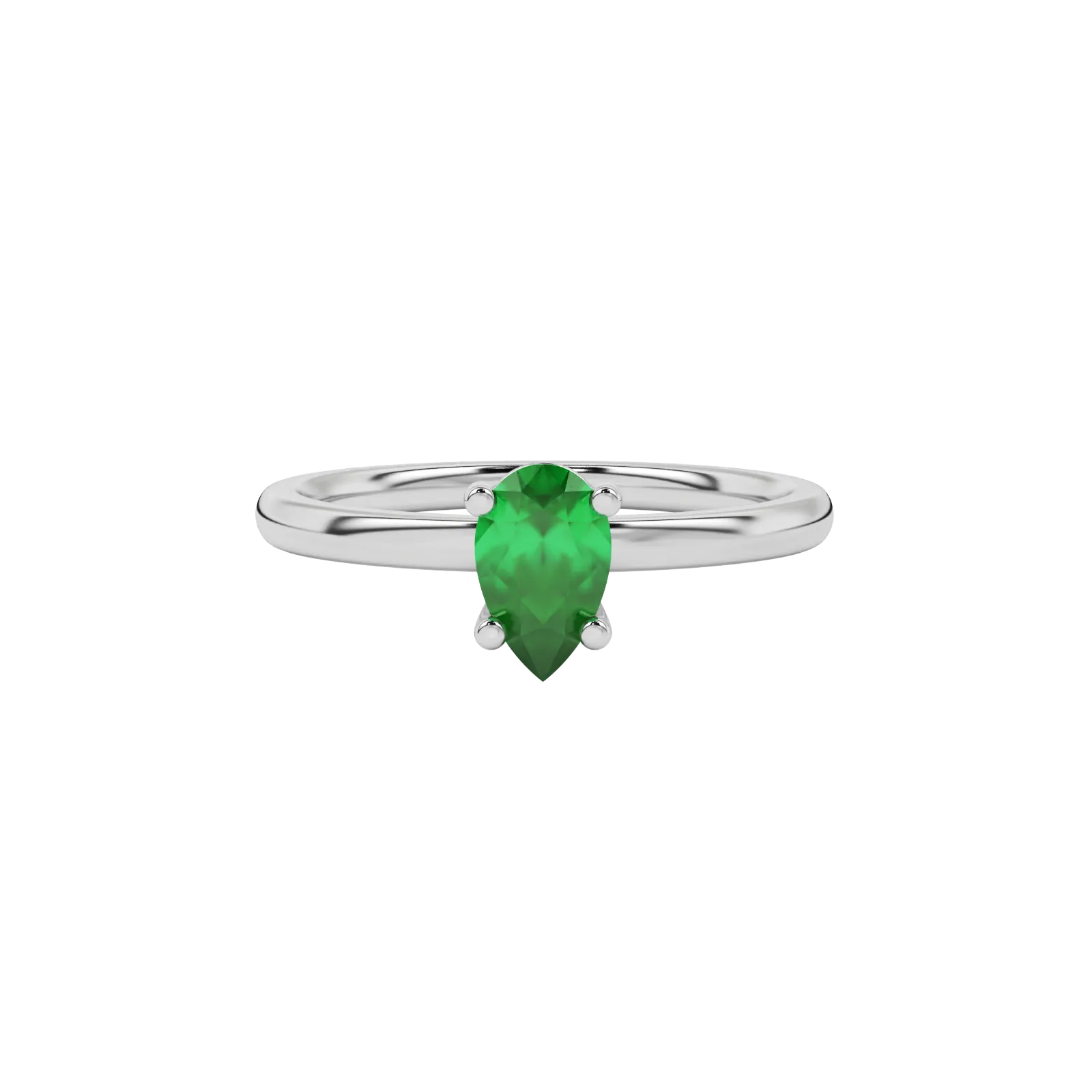 Close-up emerald green gemstone ring , white gold classic basket.