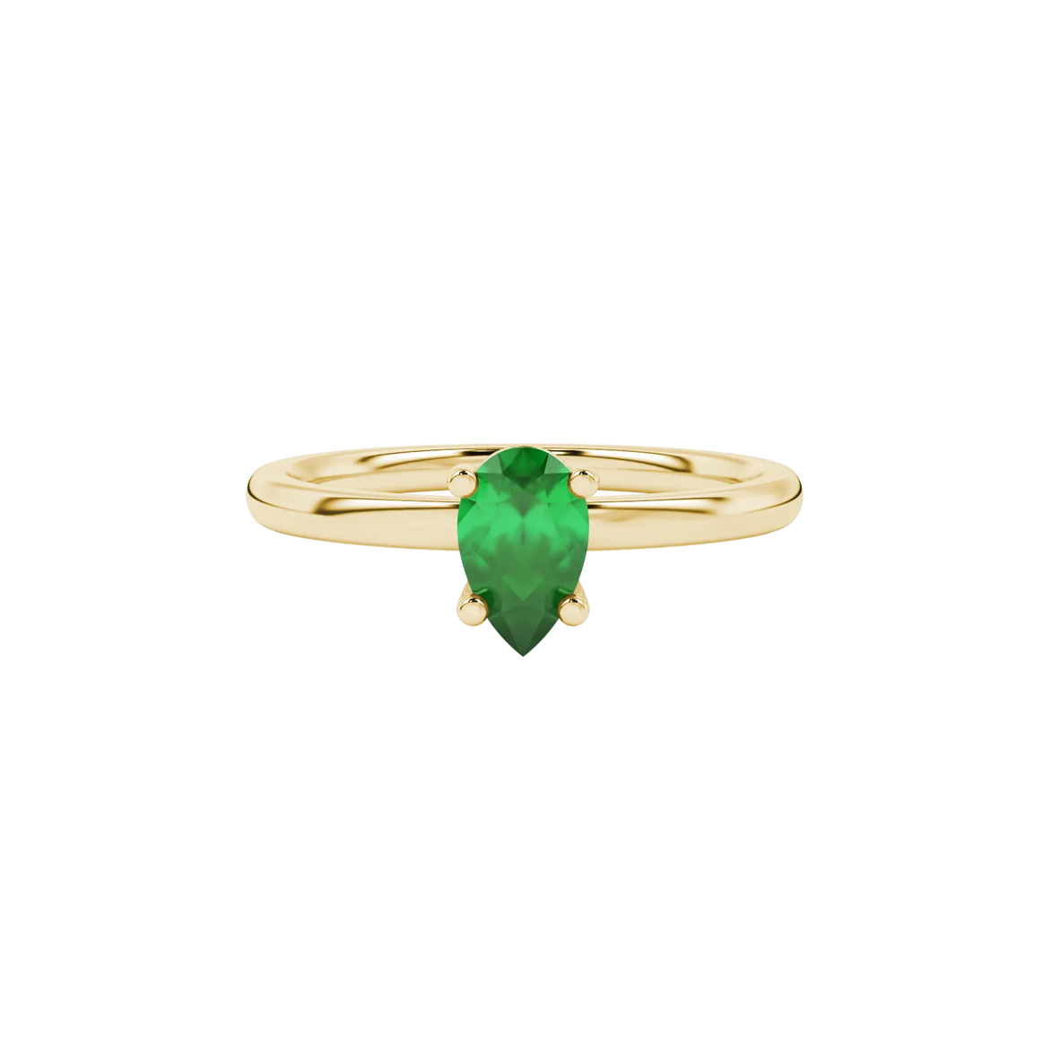 Close-up, pear shape emerald green gemstone, yellow gold classic basket ring.