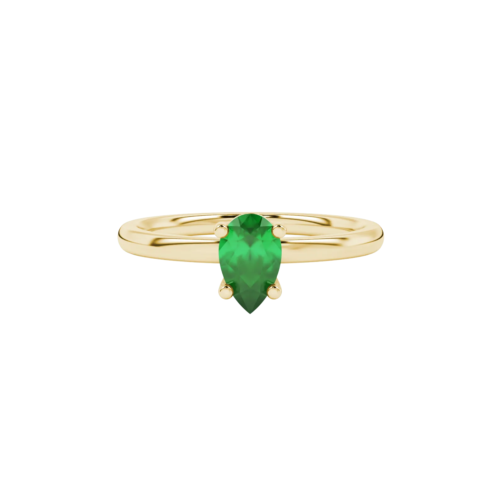 Close-up, pear shape emerald green gemstone, yellow gold classic basket ring.