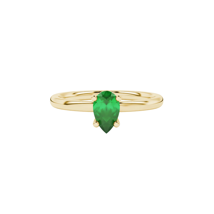 Close-up, pear shape emerald green gemstone, yellow gold classic basket ring.