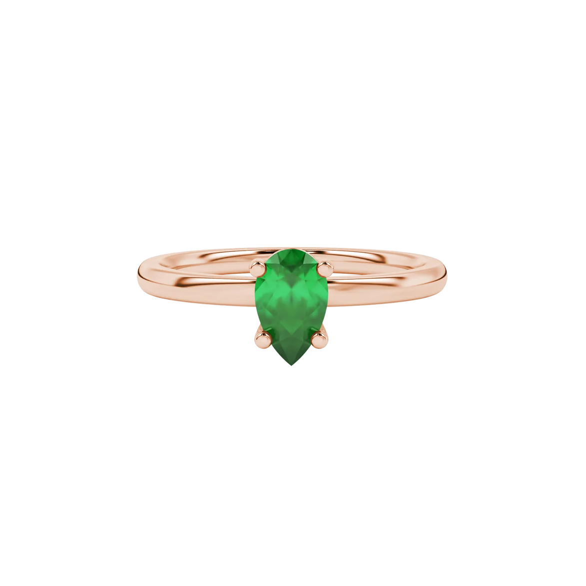 Close-up, pear shape emerald green gemstone ring, rose gold classic basket.
