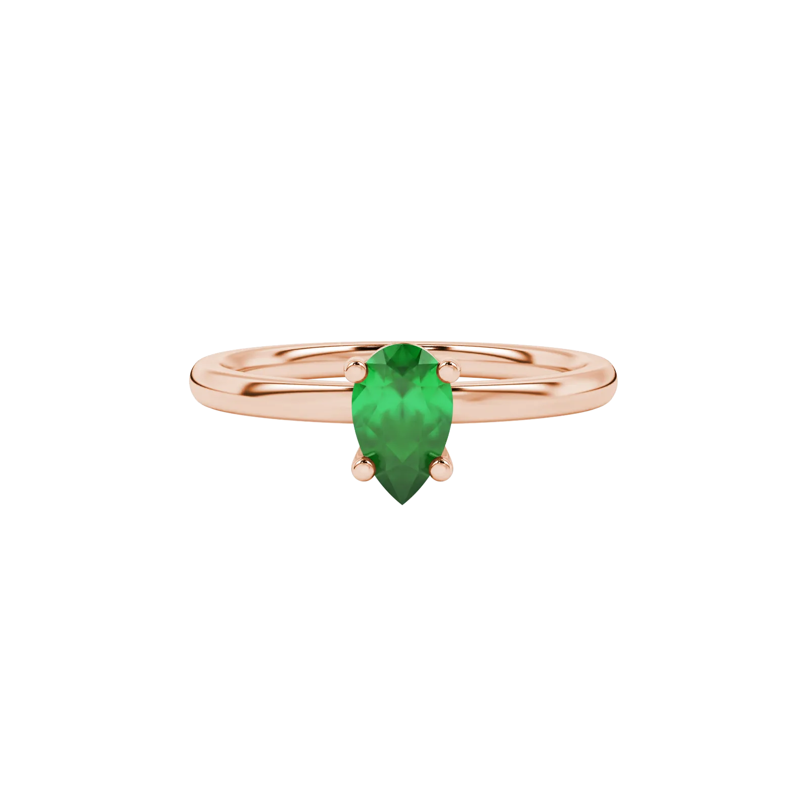 Close-up, pear shape emerald green gemstone ring, rose gold classic basket.