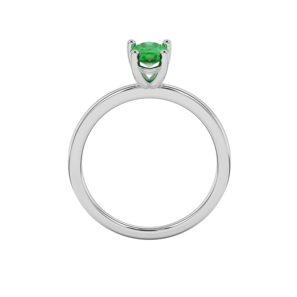 Pear shape emerald green gemstone ring, white gold classic basket setting.
